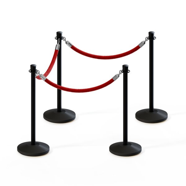 Montour Line Stanchion Post and Rope Kit Black, 4 Crown Top 3 Red Rope C-Kit-4-BK-CN-3-ER-RD-PS